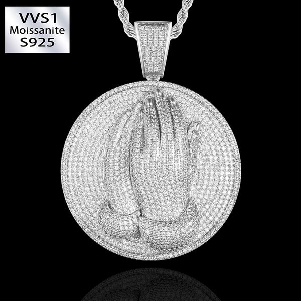 Moissanite Three Dimensional Double Hand Prayer Round Pendant