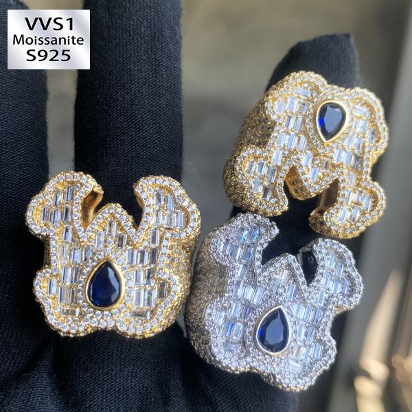 Moissanite Blue Teardrop Letter Ring