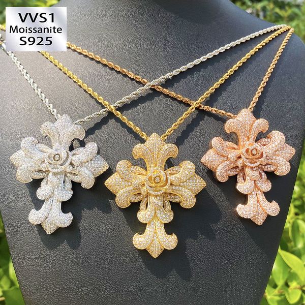 Moissanite Flower Crown Cross Pendant