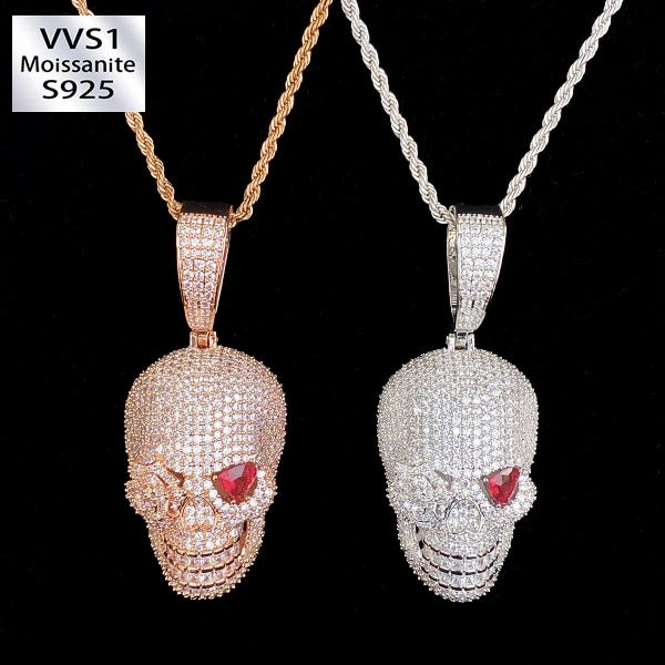 Moissanite Red-Eyed Skull Pendant