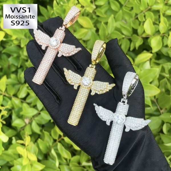 Moissanite Angel Wing Cross Pendant