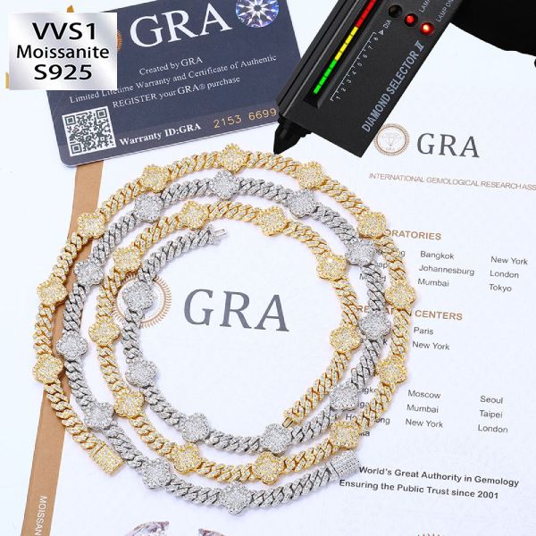 S925 Silver Moissanite Clover Cuban Link Chain