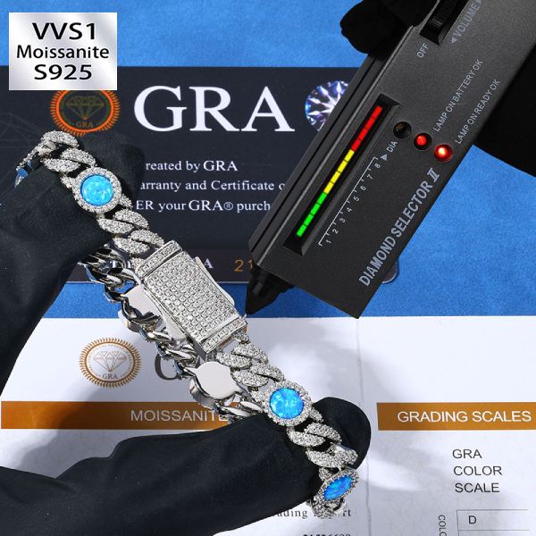 S925 Silver Moissanite Blue Gemstone Cuban Bracelet