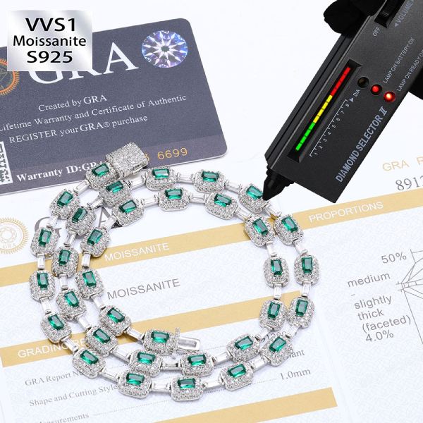 7mm S925 Silver Moissanite Green Gemstone Chain