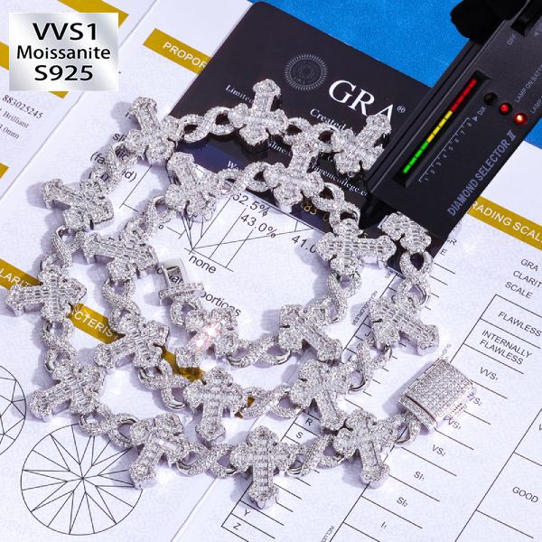 15mm S925 Silver Moissanite Cross & Figure 8 Link Chain