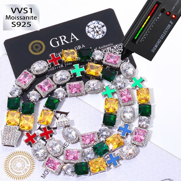 S925 Silver Moissanite Multi-Gemstone Cross Chain