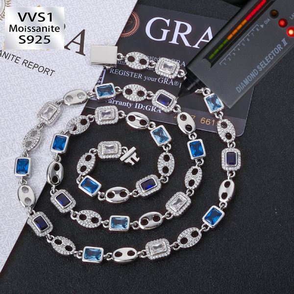 10mm S925 Silver Moissanite Blue Gemstone Chain