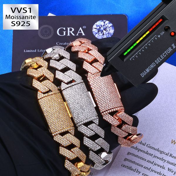 15mm S925 Silver Moissanite Diamond-Cut Link Bracelet