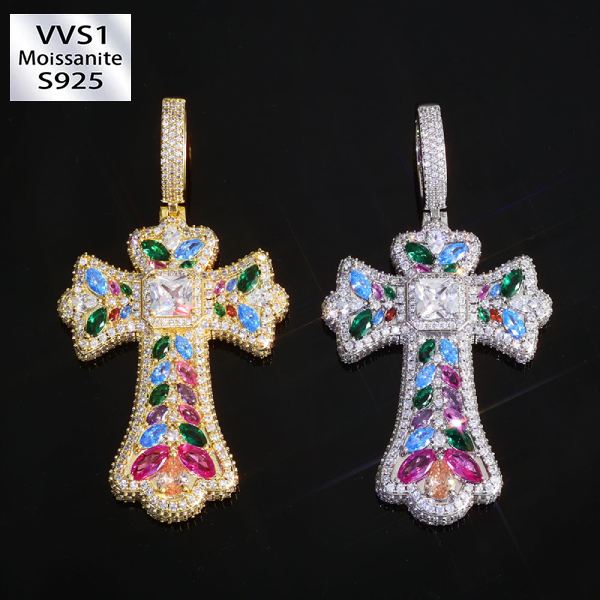 Moissanite Multi-Colored Gemstone Cross Pendant