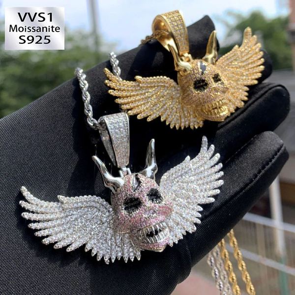 Moissanite Skull With Wings Pendant