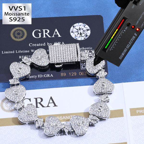 S925 Silver Moissanite 15mm Money Bag Cuban Bracelet