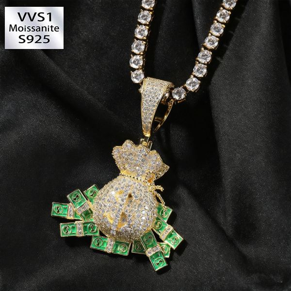 Moissanite Dollar Sign Money Bag Pendant