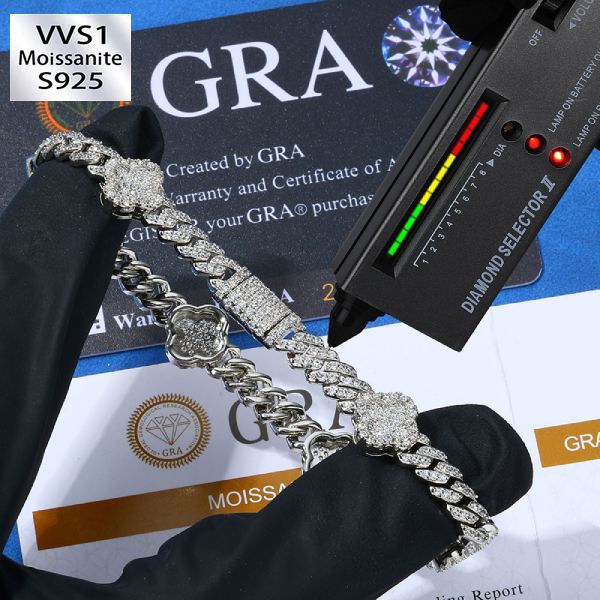 6mm S925 Silver Moissanite Clover Cuban Chain Bracelet