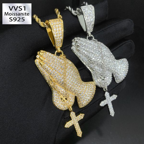 Moissanite Praying Hands Cross Pendant