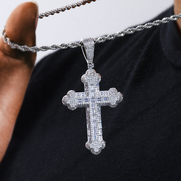 S925 Moissanite Micro Pave Baguette Cross Pendant in White Gold
