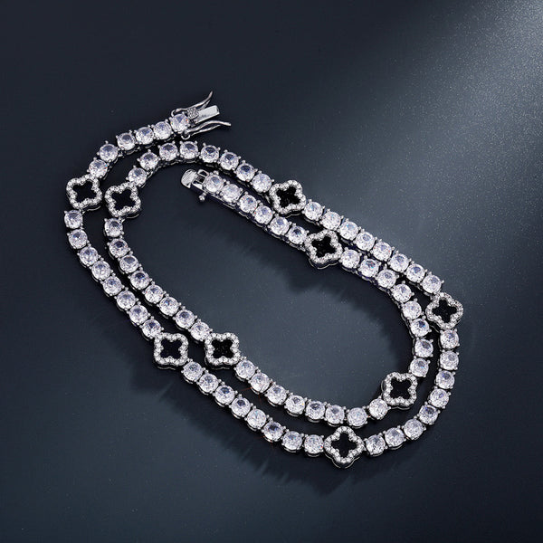Moissanite Iced Out Tennis Chain with Black Four Leaf Clover