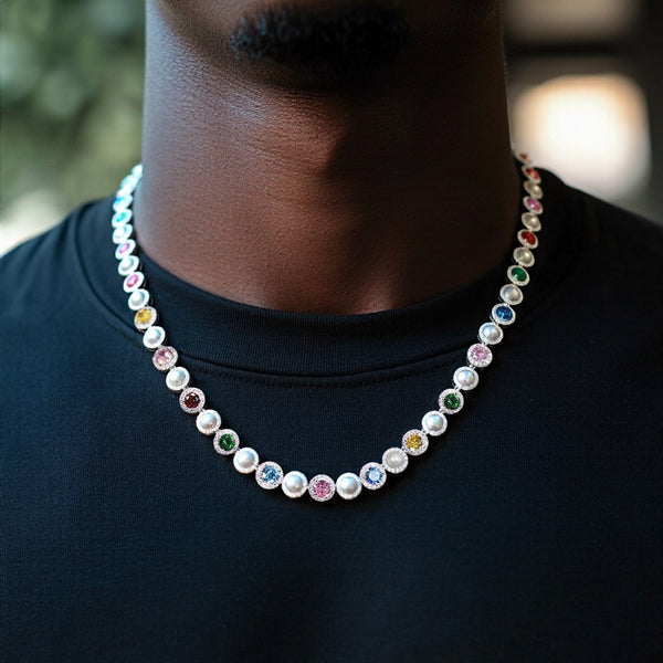10mm Iced Out Colorful Gemstone Pearl Tennis Chain