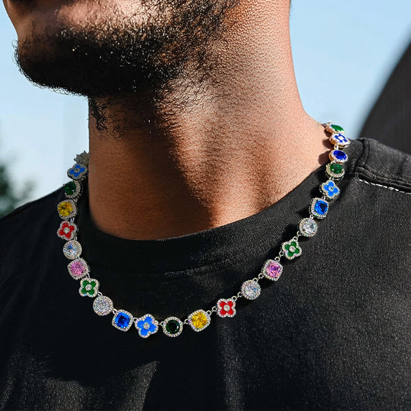 Moissanite-Multicolored Gemstones Geometric Flowers Necklace in White Gold