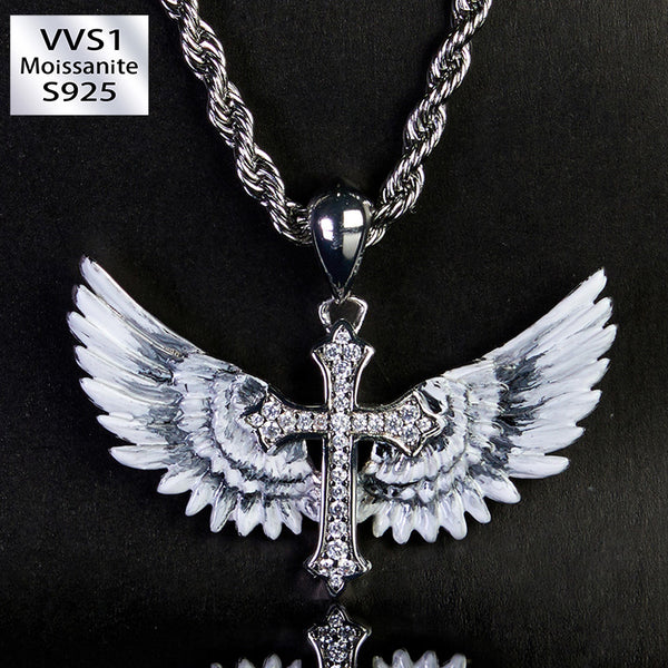 S925 Moissanite Enamel Cross Wings Pendant