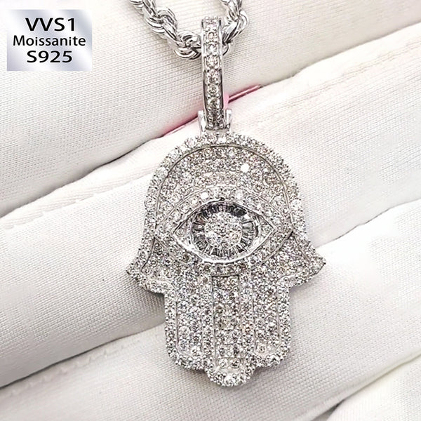 Ice Out Hamsa Moissanite Pendant in White Gold