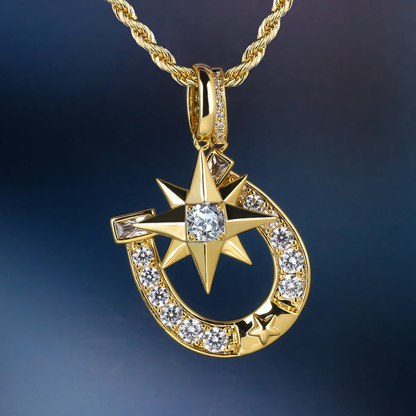 Iced Out Six-Point Star And Horseshoe Mens Pendant Necklace in 14K Gold