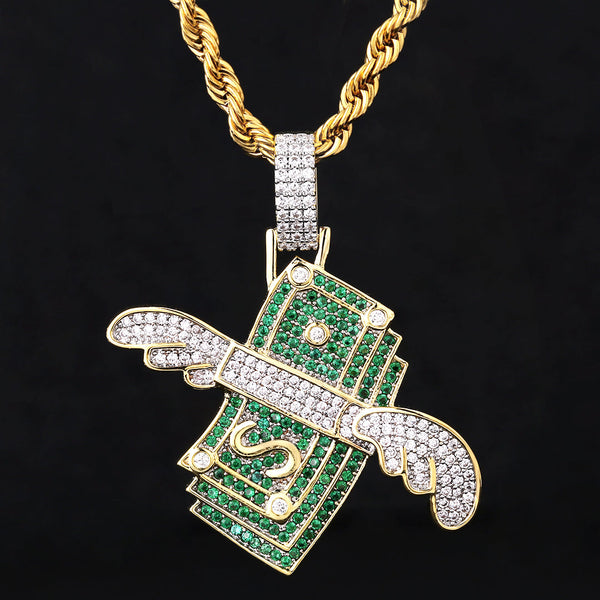 Iced Out Dollar Stack Wing Mens Pendant Necklace in 14K Gold