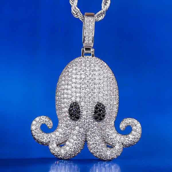 Iced Out Octopus Mens Pendant Necklace in White Gold