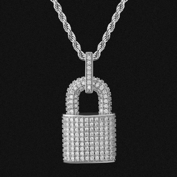 Iced Out Lock Mens Pendant Necklace in White Gold