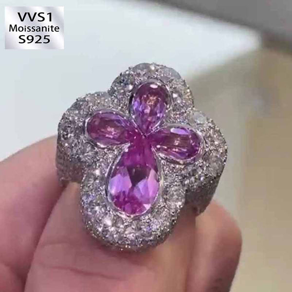 Moissanite Special Shape Four-Leaf Clover Rose Purple Gemstone Ring