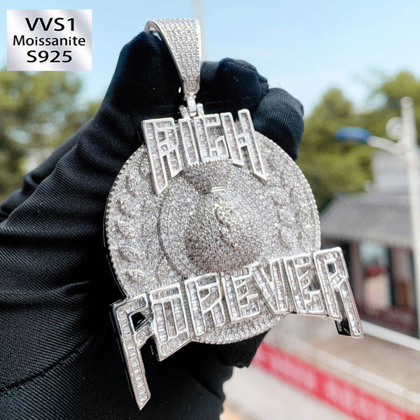 Moissanite Hip Hop "RICH FOREVER" Letter Money Bag Pendant