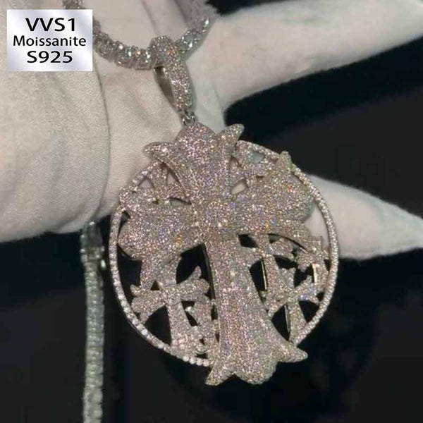 Moissanite Flower Cross Circle Pendant