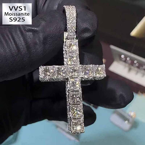 Full Pave Princess cut Moissanite Cross Pendant