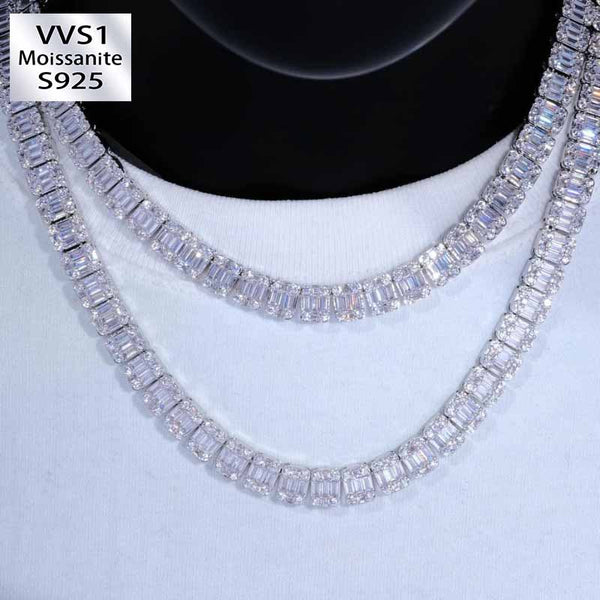 10mm Moissanite Square Baguette Tennis Chain White Gold