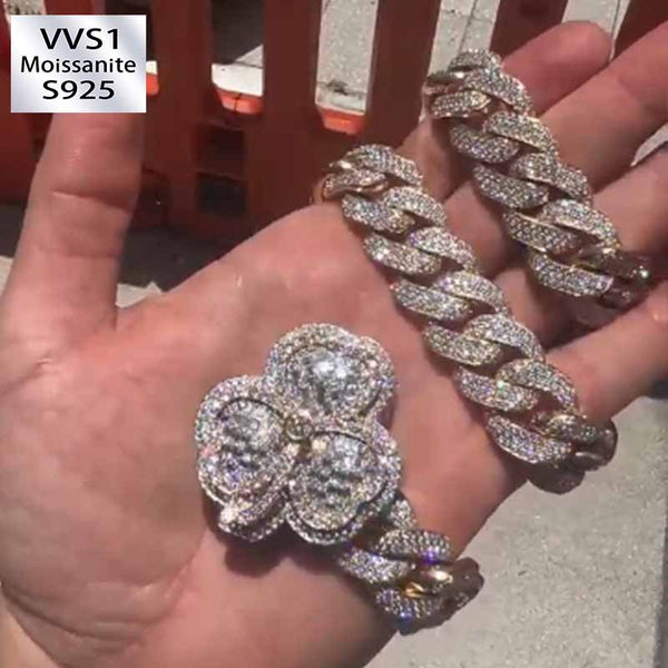 18mm Clover Design Moissanite Cuban Chain