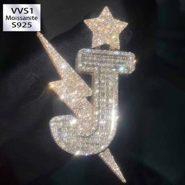 Moissanite Hip Hop 3D Star Lightning Letter "J" Pendant