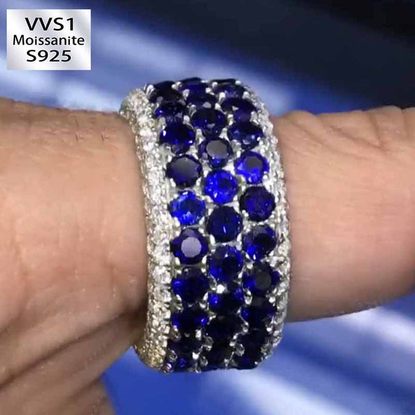 Moissanite Three Rows of Sapphire Ring