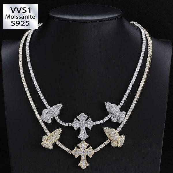 3.5mm Moissanite Cross Praying Hands Tennis Chain