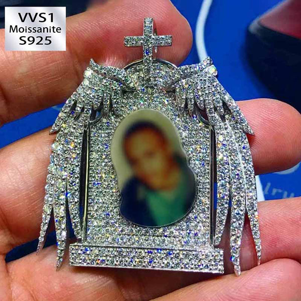 Moissanite Cross Wings Mourning Customized Photos Pendant