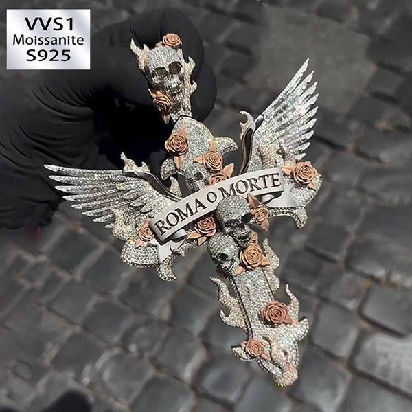 Moissanite Skull "ROMA O MORTE" Letter Wings Cross Pendant