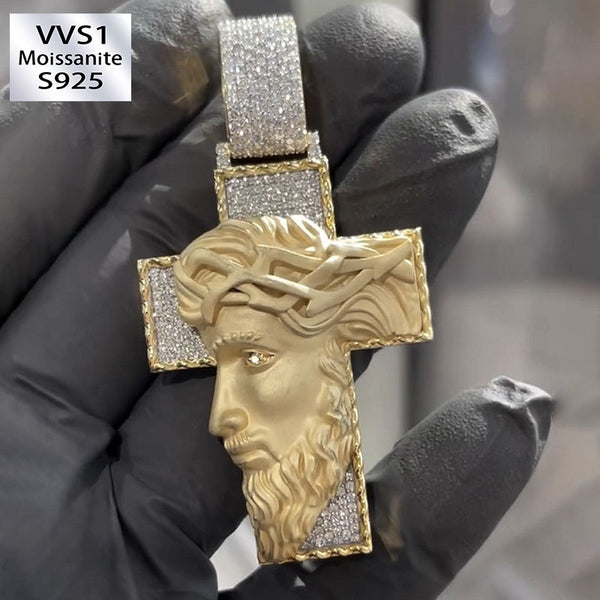 Moissanite Three-dimensional Jesus Head Cross Pendant