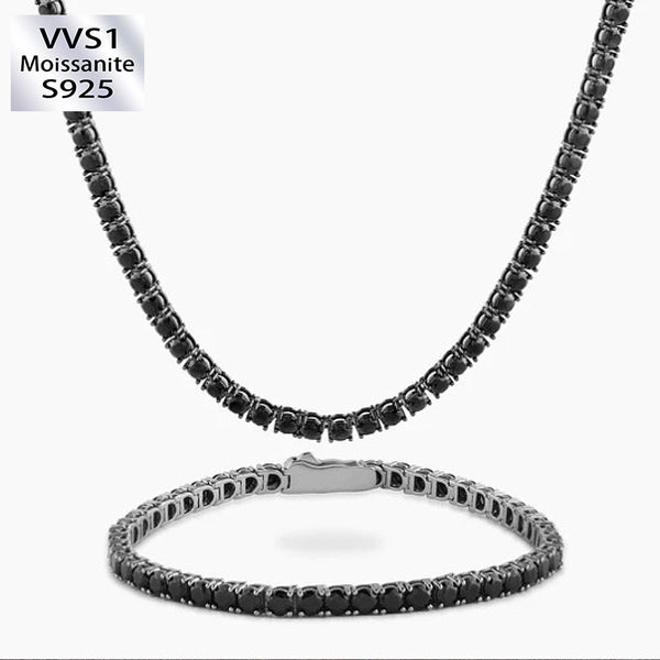 4mm Black Moissanite Stones Tennis Chain and Bracelet Set