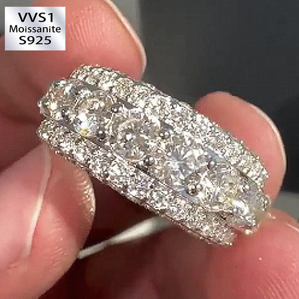 Moissanite Layered Three Row Round Diamond Ring