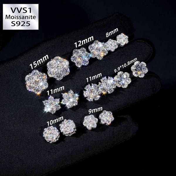 8mm/9mm/10mm/10.8mm/11mm/12mm/13.5mm/15mm Moissanite Hip Hop Flowers Stud Earrings