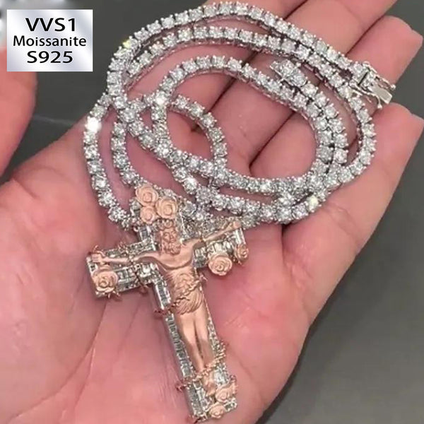 5mm Moissanite Jesus Rose Cross Pendant Chain Set