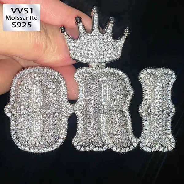 Moissanite Custom Crown Bail Layered Bubble Letter Pendant