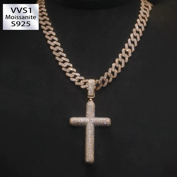 Moissanite Cross Pendant Cuban Chain Set