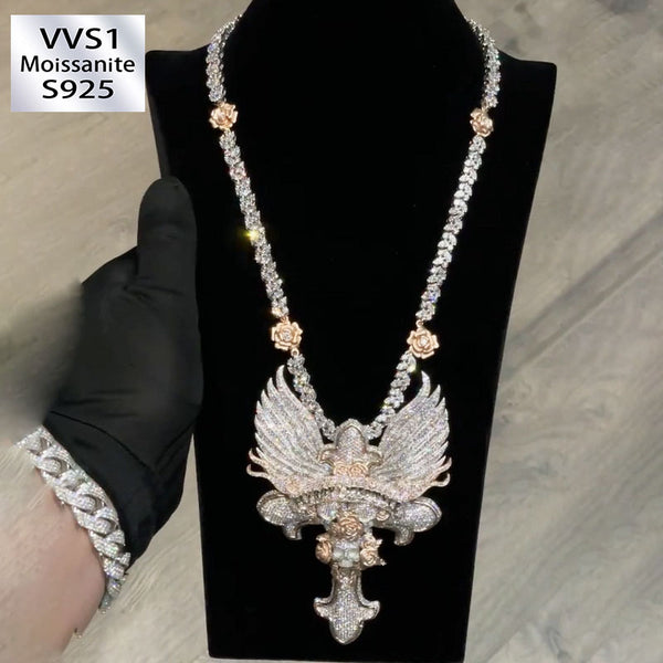 Moissanite "Flyboy Lifestyle" Letter Wings Rose Cross Pendant Set