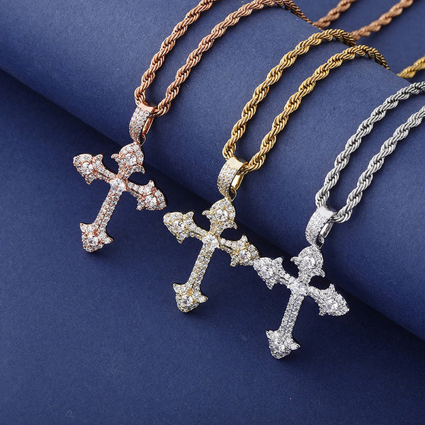 Ice Crystal Cluster Round Cut Cross Pendant