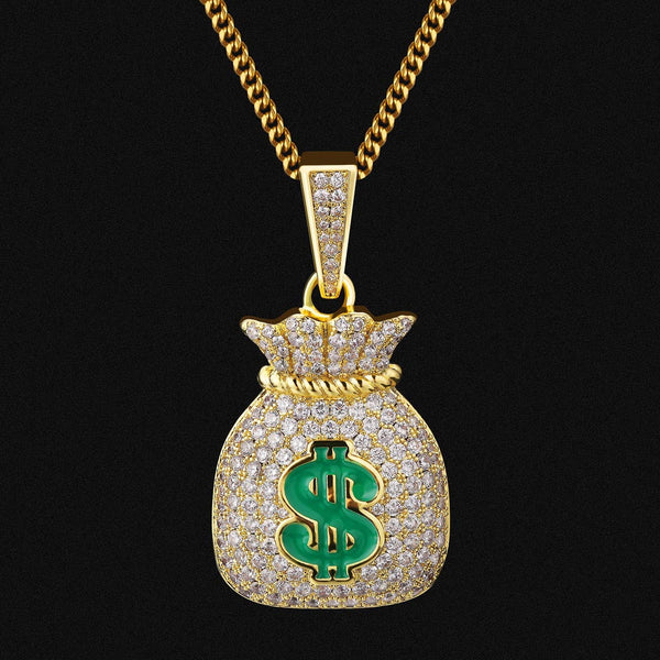 Iced Out Money Bag Mens Pendant Necklace in 14K Gold
