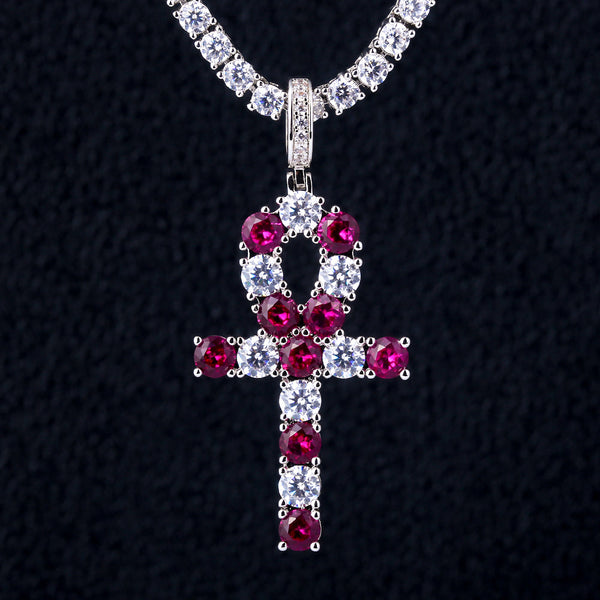 Iced Out Ruby Ankh Cross Pendant Necklace in White Gold